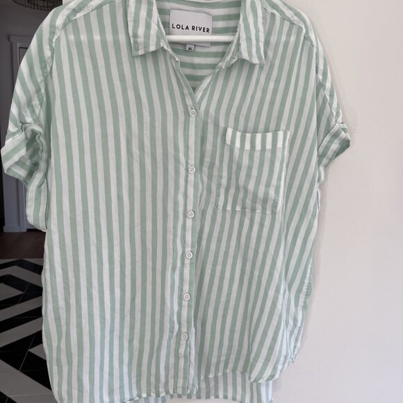 Lola River Tops - Lola River Women XL Cotton-like Shirt, Blouse, Button, Green Stripes Casual Boxy